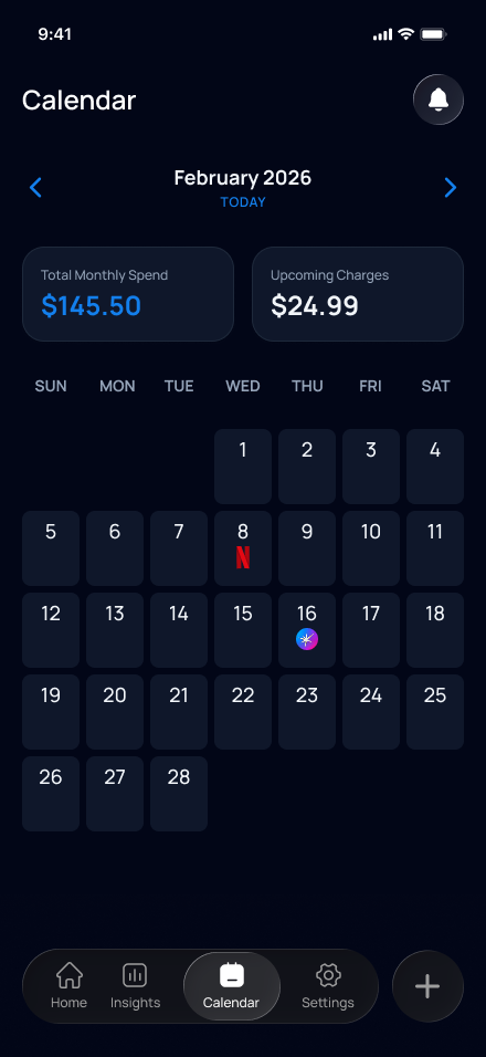 Calendar screen showing February 2026 with subscription renewal dates marked, total monthly spend of $145.50 and upcoming charges of $24.99