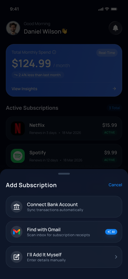 Add subscription screen with options to connect bank account, find subscriptions with Gmail AI, or add manually