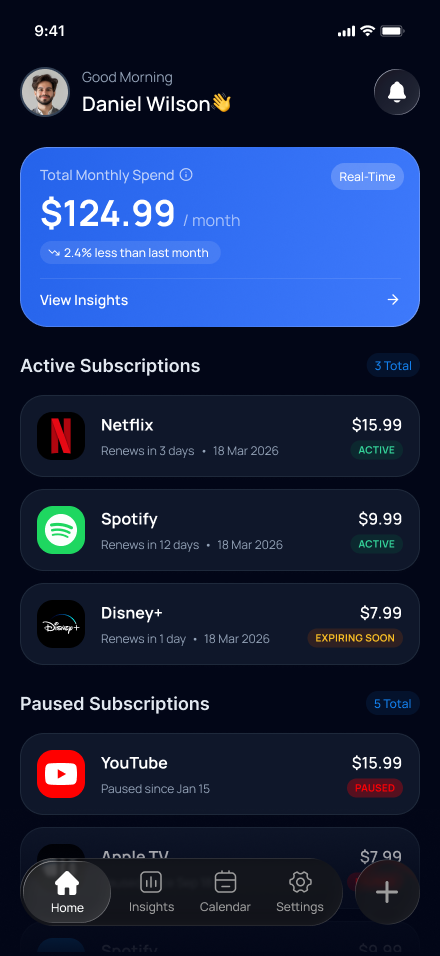 Cancel Subscription home screen showing total monthly spend of $124.99 and active subscriptions including Netflix and Spotify